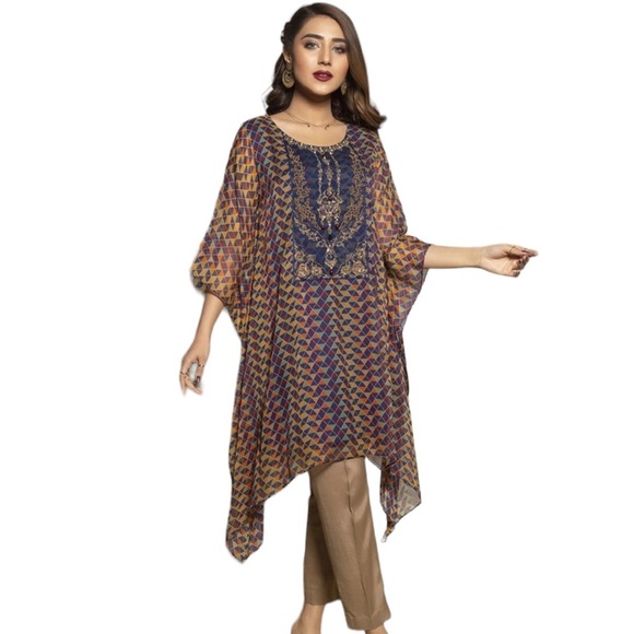 Chinyere Blue Mosaic Sheer Overlay Beaded Top - Picture 3 of 16